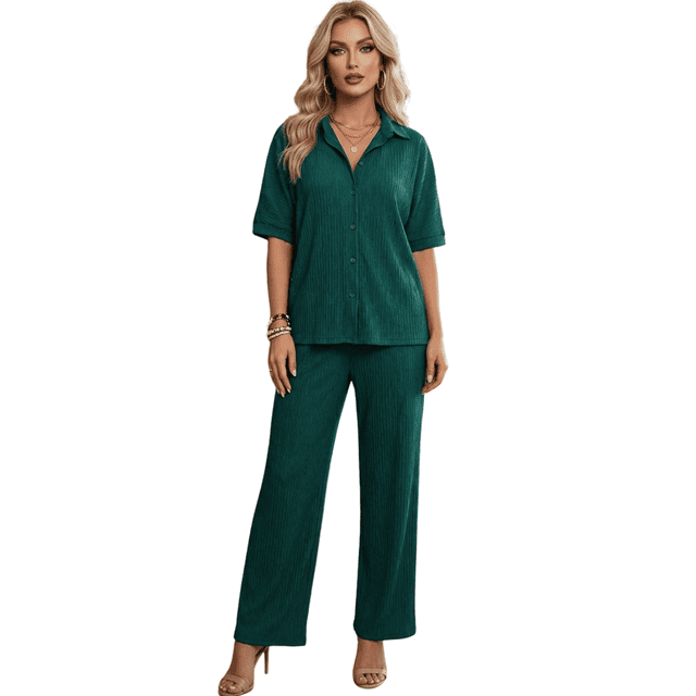 Conjunto de 2 Piezas para Mujer | Set Blusa Tipo Camisera y Pantalón Wide Leg