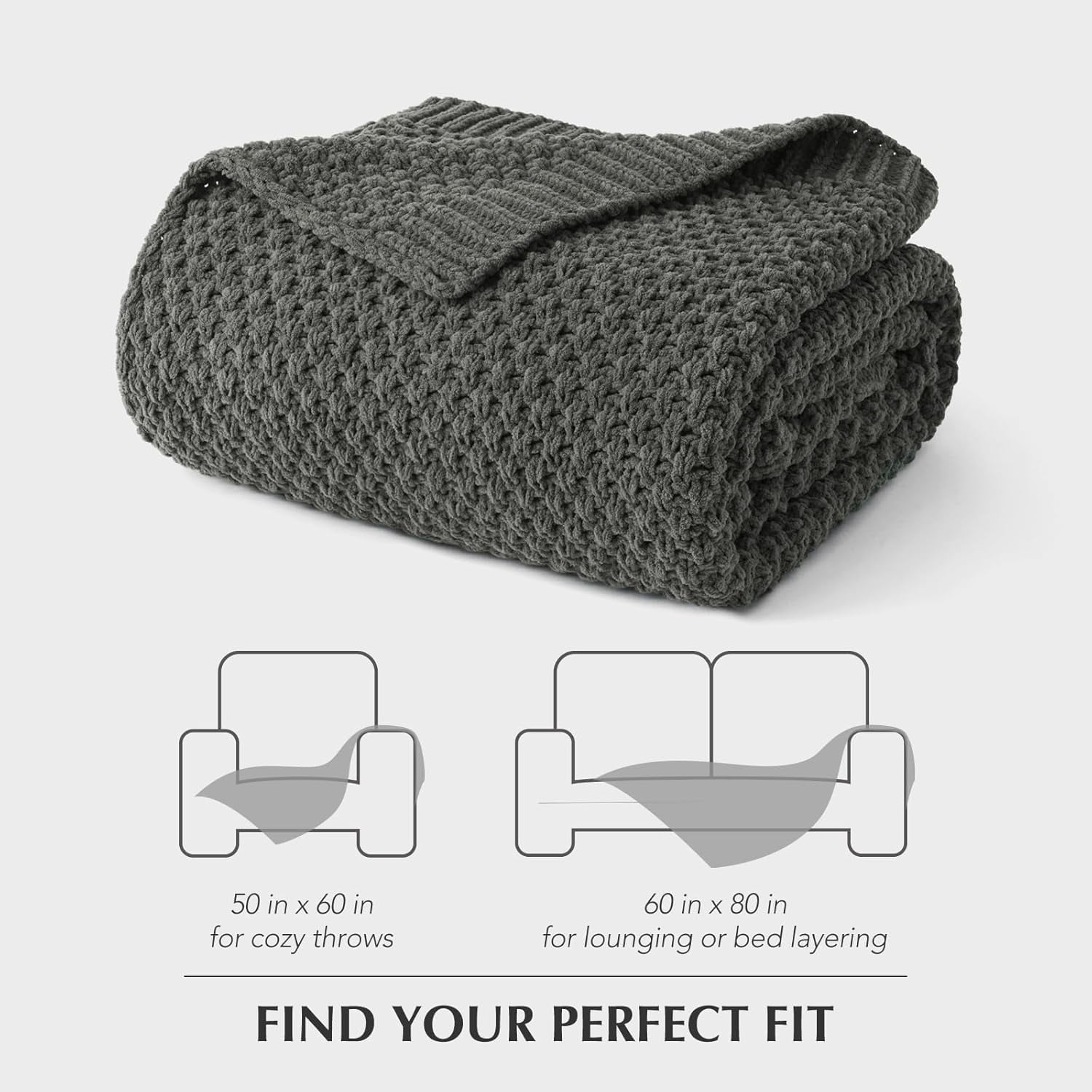 EVERGRACE Chunky Chenille Knit Throw Blanket for Couch, Soft Luxurious Moss Stitch Blankets for Bed, Cozy Decorative Farmhouse Knitted Throws for Sofa, Charcoal Gray, 60" x 80"