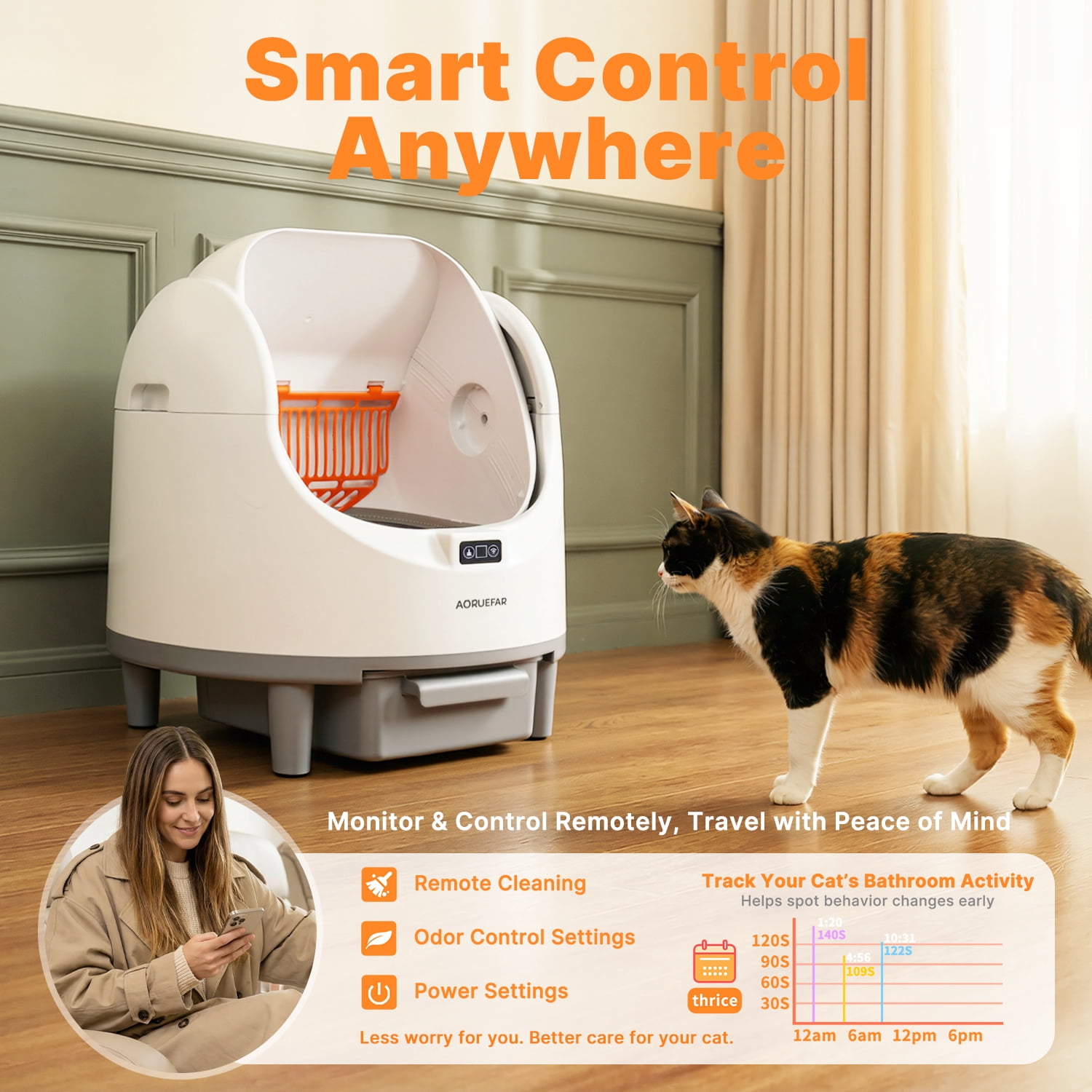 Self Cleaning Cat Litter Box, Open-Top Large Automatic Cat Litter Box with APP Control, Odor-Free Waste Disposal, White