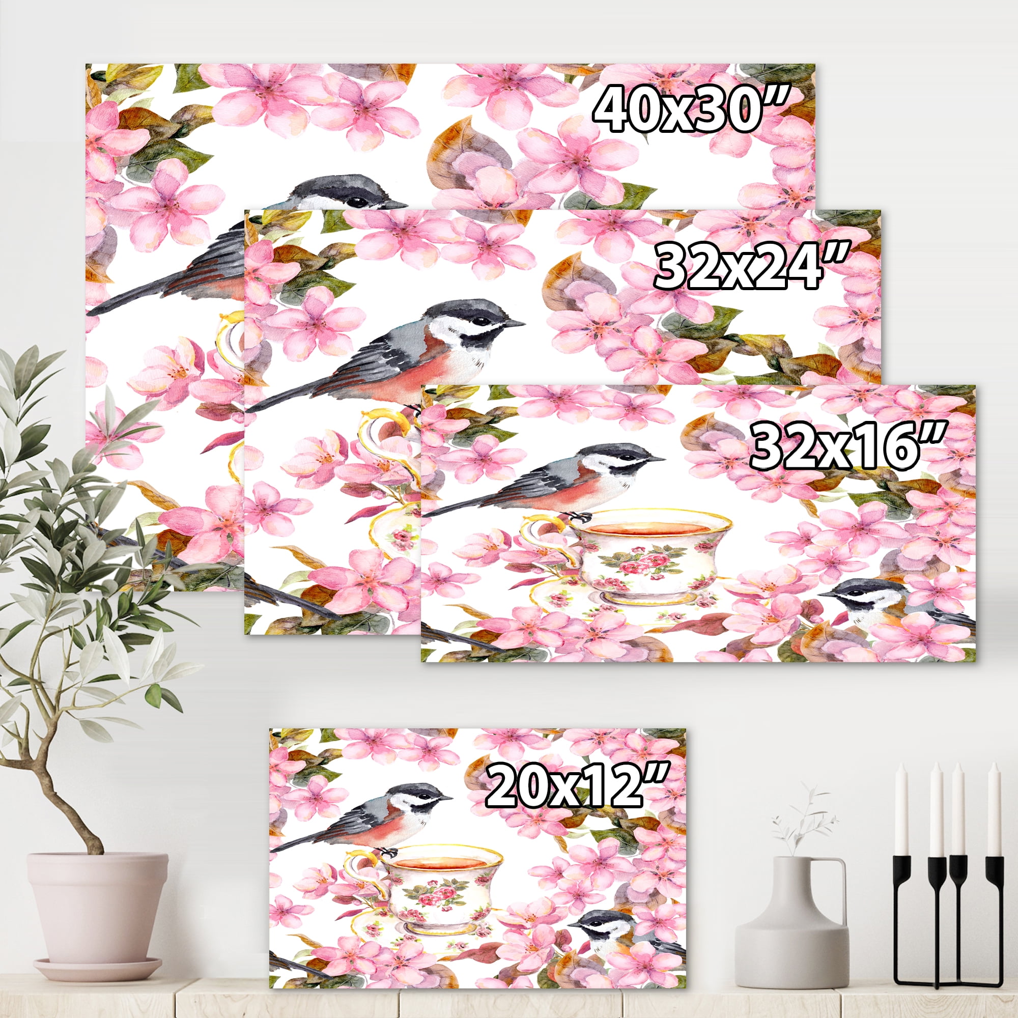 Designart ' Tea Cup Birds and Pink Flowers ' Traditional Canvas Wall Art Print