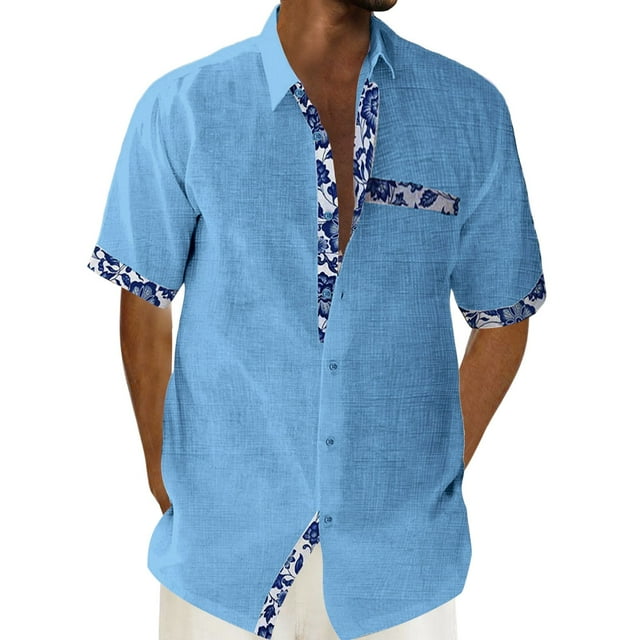 Camisas Hombre Manga Corta Camisa de vacaciones en la playa Camisa de cárdigan de manga corta Camisa de solapa en contraste con botones en los puños para hombre (Blue, L)