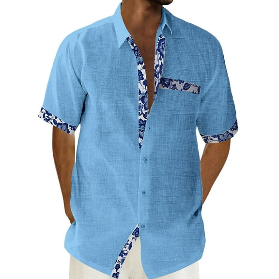 Baqcunre Shirts For Men Beach Holiday Shirt Short Sleeve Cardigan Shirt Mens Cuff Button Contrast Lapel Shirt Hawaiian Shirt For Men Tops For Men Blue L