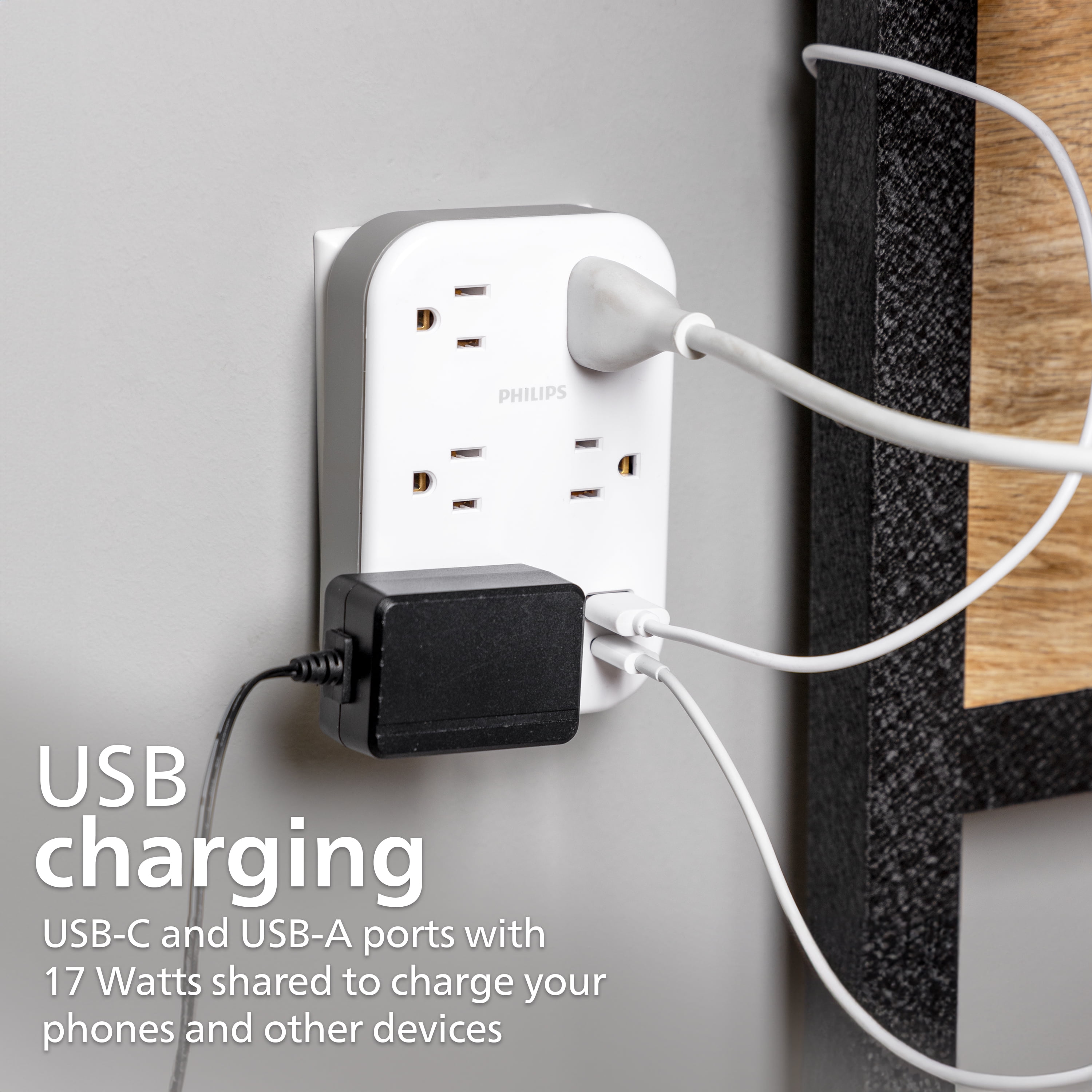 Philips 5 Outlet Surge Tap, Adapter Spaced, 1 USB-A, 1 USB-C, 17W, 900J, White