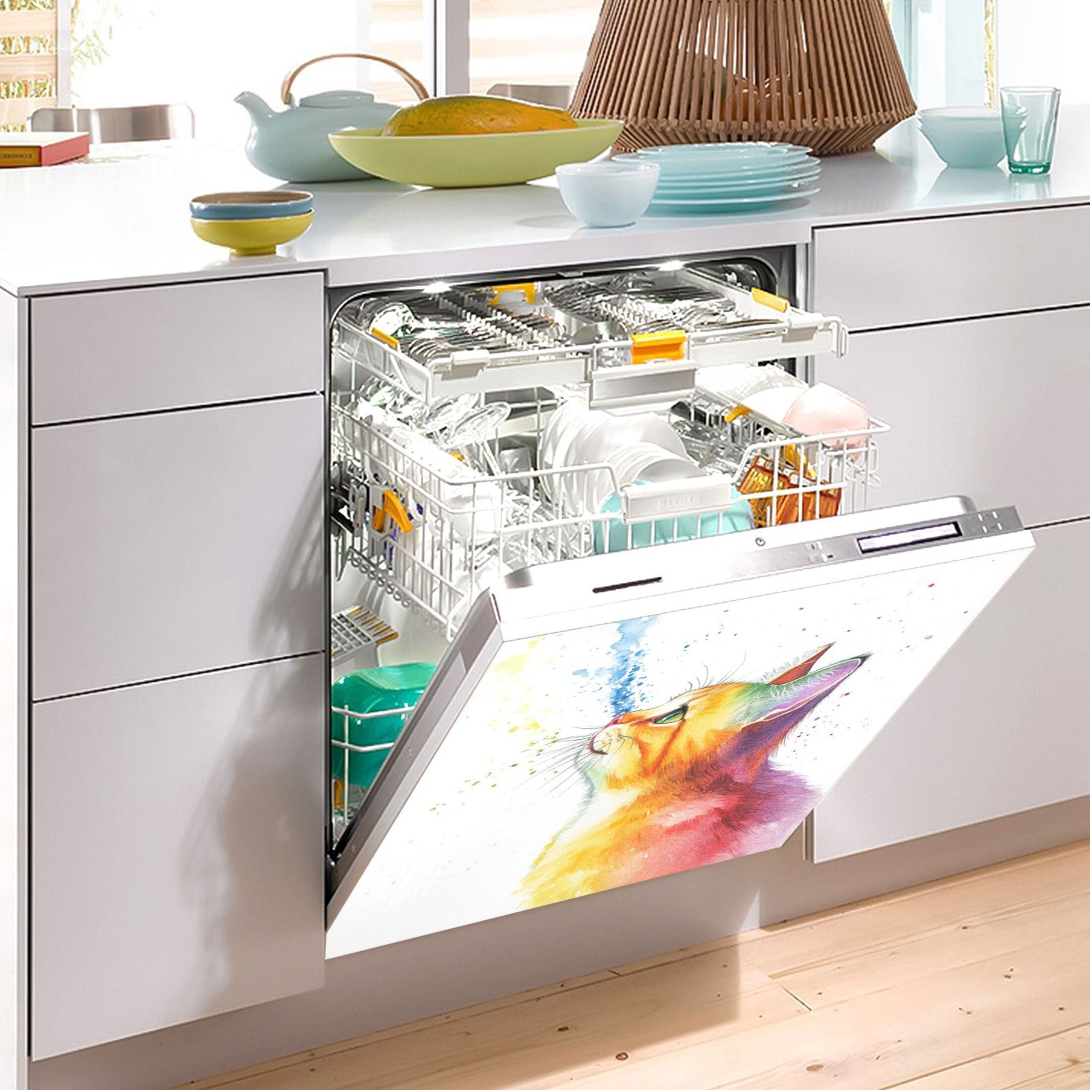 Dishwasher Magnetic Sticker 23x26 Inch Refrigerator Magnetic Sticker Washing Machine Magnetic Sticker Kitchen Panel Magnetic Sticker Home Decor Rainbow Cute Kitten