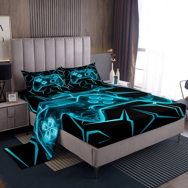 Erosebridal Neon Gamepad Bed Sheets Set King Size, Geometric Bed Sheets King, Video Game Decor 4 Pieces