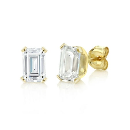 Emerald Cut Glass - 2.50 Ct 925 Sterling Silver Yellow Gold Plated Emerald Cut White CZ Earrings
