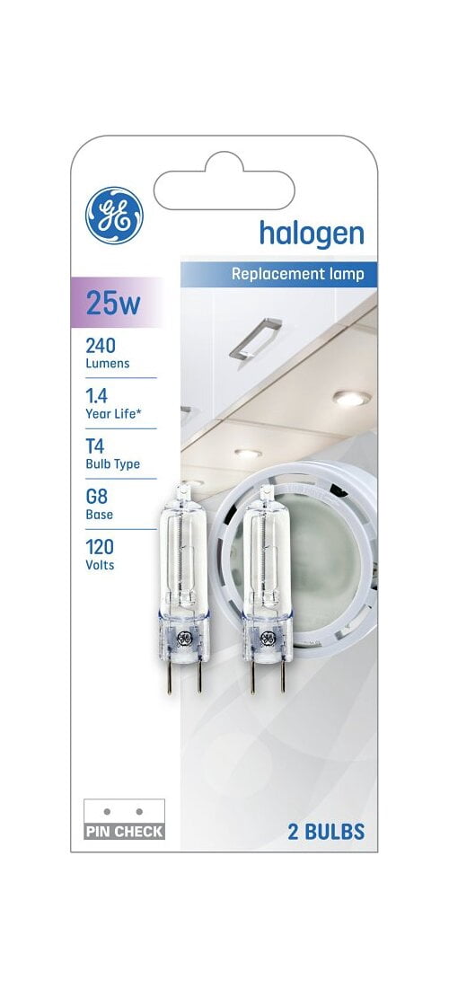 GE Replacement Lamp Halogen Light Bulbs, Soft White, 25 Watts, G8 Base T4 Light Bulb (2 Pack)