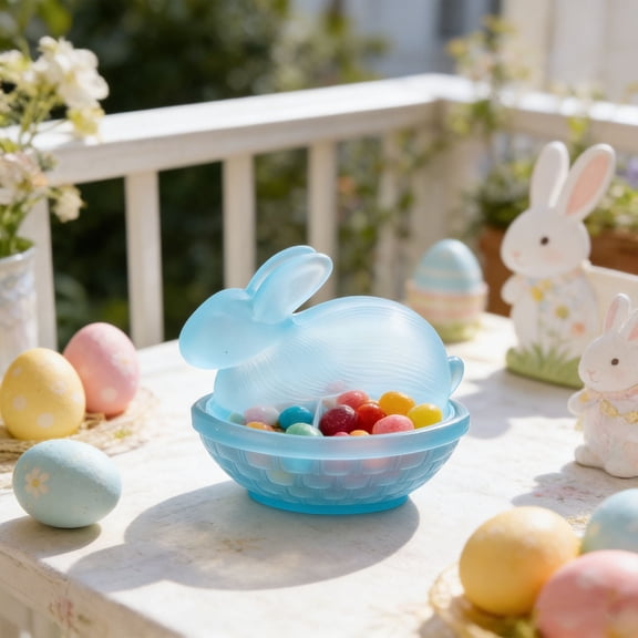 Blue Frosted Glass Bunny Candy Dish with Lid, Crystal Easter Rabbit Storage Jar, Decorative Candy Bowl for Cookies Snacks, Spring Holiday Table Centerpiece