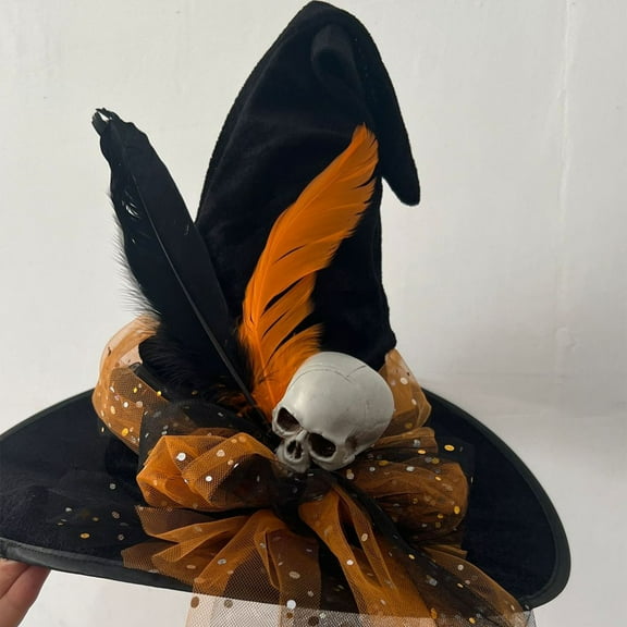 Gallickan Halloween Witch Hats, Mesh Witches Hats with Skull Ornament & Feather, Halloween Decorations for Outdoor Party Accessories, Orange