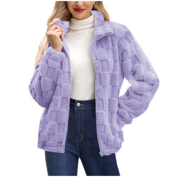 Hueook Women's Coats Oversized Jean Jacket for Women Women's Casual and Winter High Collar Long Sleeve Loose Iron Button Plain Coat without Hat Casual Coat / Purple S