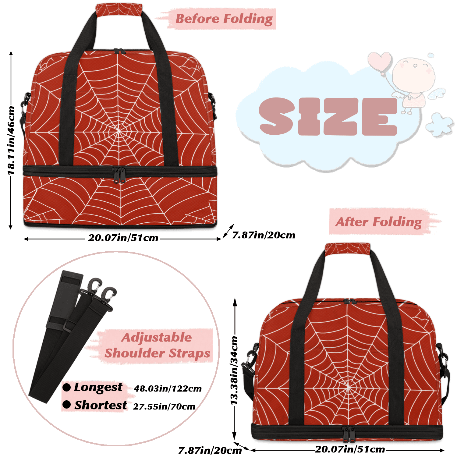 Herdesigns Spiders Web Travel Duffel Bag with Shoe Compartment Red Large Foldable Waterproof Weekend Overnight Bag for Beach Swim Pool Bags Sports Gym
