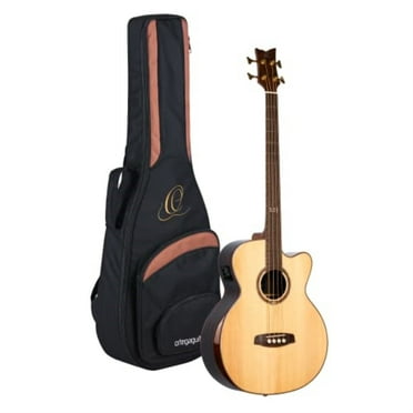 Ortega Guitars STRIPEDSU.ACB Striped Suite Medium Scale 4-String Acoustic Bass w/ Free Bag, Solid Spruce Top and Striped Ebony Body w/ Armrest, Gloss Finish with Built-in Electronics & Tuner, Cutaway