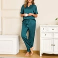 thumbnail image 4 of LYEAA Plaid Pajama Set for Women Solid V Neck Short Sleeve Pullover Top and Pant Pullover Sleepwear Breathable Loungewear, 4 of 7