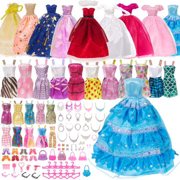Anpro 105 Pcs 11.5 inch Girl Dolls Clothes and Accessories, 75 Accessories for Dolls Including 9 Wedding Gown Dresses, 20 Fashion Dresses, 1 Top & Pants Set, 10 Necklaces, 8 Shoes, 6 Handbags