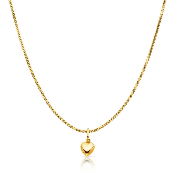14K Yellow Gold Plain Heart Charm Pendant with 0.9mm Wheat Chain Necklace - 16"