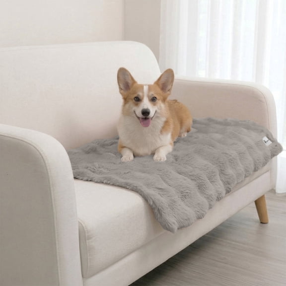 Paw Inspired Waterproof Dog Blanket 40x30", Soft Faux Fur Throw with Fur-Resistant Fleece, Washable Pet Blanket, Waterproof Protection for Couch, Bed, Furniture, Crate, Car (Gray)