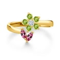 thumbnail image 2 of Gem Stone King 18K Yellow Gold Plated Silver Pink Tourmaline Green Peridot and White Moissanite Flower Open Ring for Women (0.56 Cttw, Gemstone October Birthstone, Size 9), 2 of 3