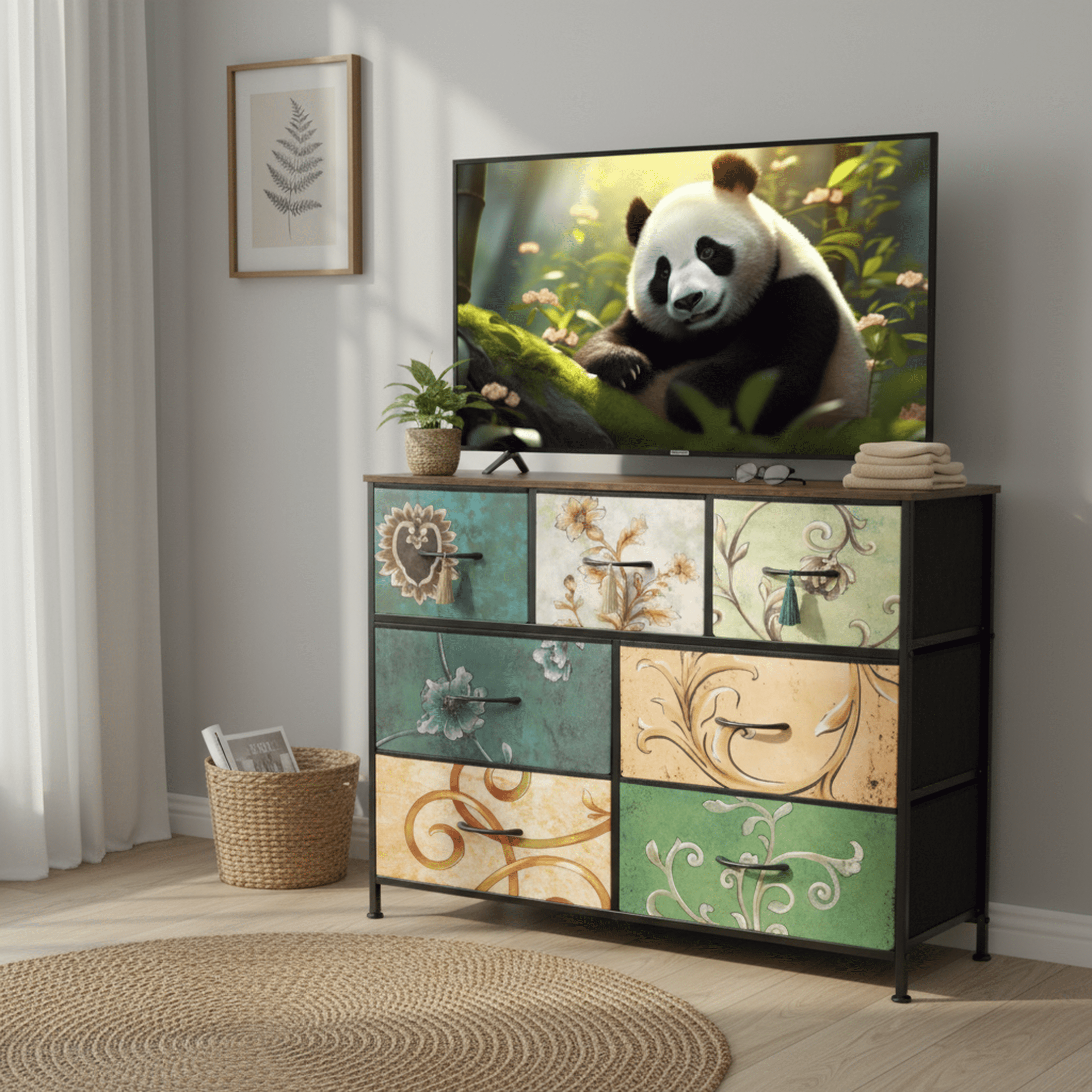edx Fabric Dresser with 7 Drawers, Retro Flower Design, Chest of Drawers with Sturdy Steel Frame, Wood Top for Bedroom, Living Room, Hallway