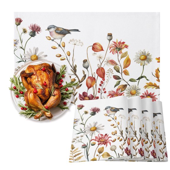 Thanksgiving Cotton Linen Placemats Set of 4, Fall Plants Bird Washable Table Place Mats Heat Insulating Placemat for Dining Room Kitchen Daily Use 13 x 19 Inch