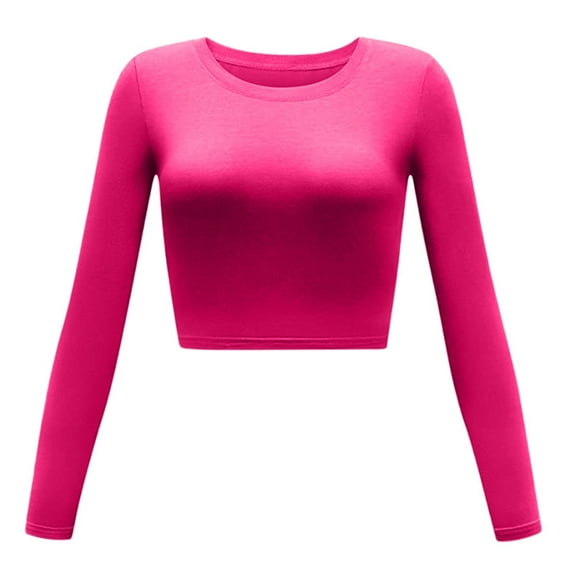 Stylish Women's T-Shirts Slim Fit Round Neck Long Sleeve Solid Color Short Top for Casual Wear