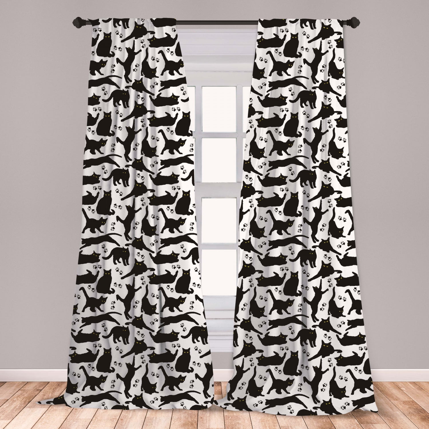 Cat Curtains 2 Panels Set, Black Cats with Yellow Eyes in Different