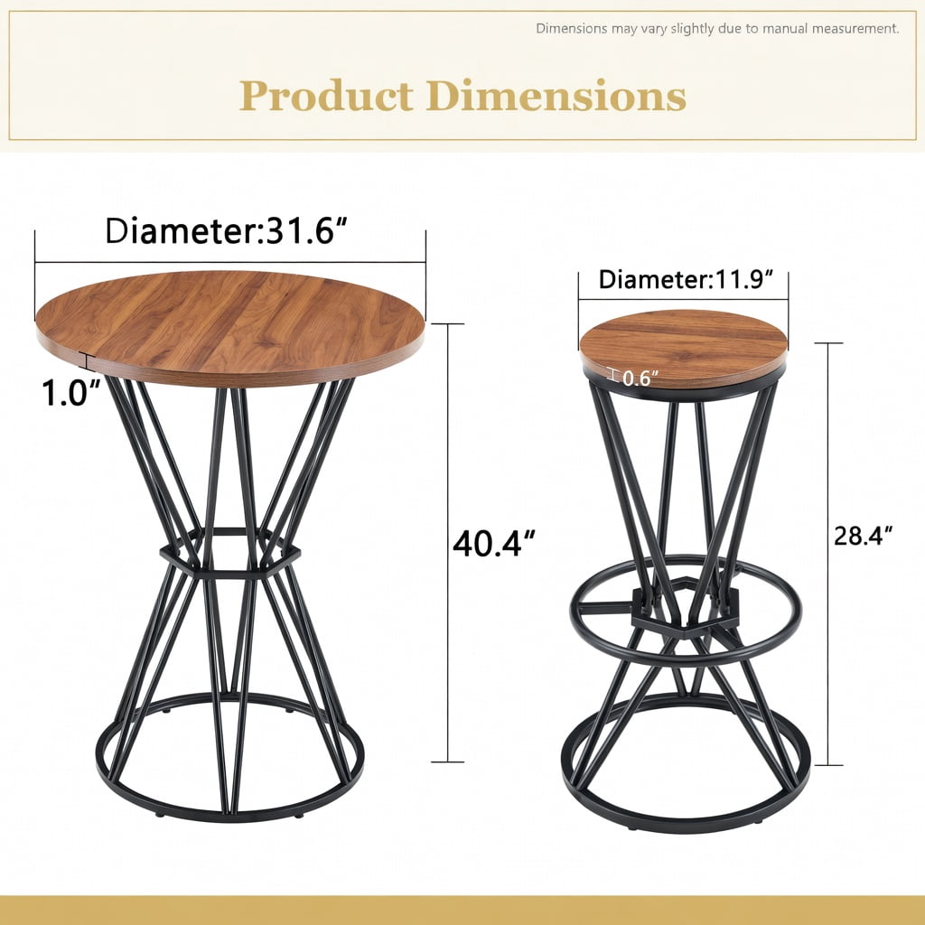 Hommoo 3-Piece Industrial Bar Set, 31.5" Wood Grain MDF Round Bar Table + 2 Metal Bar Stools for Kitchen Island, Small Apartment, Breakfast Nook, Walnut & Black