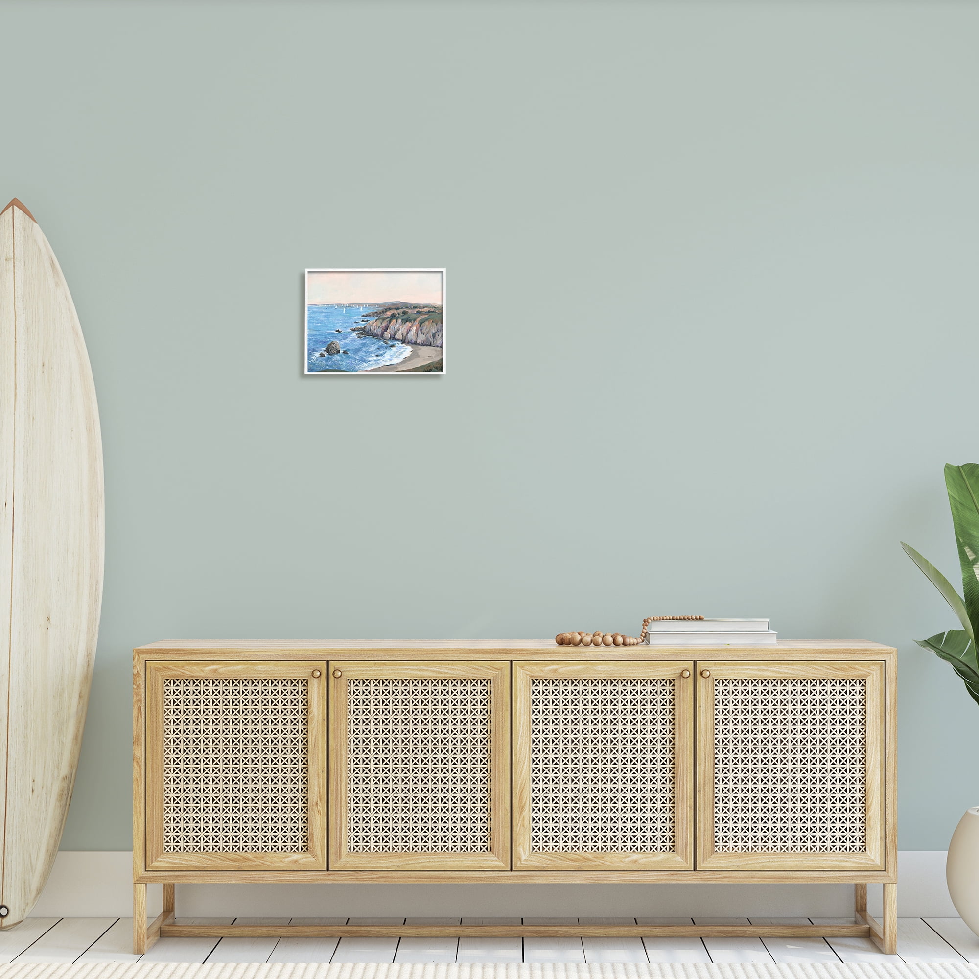 Stupell Industries Ocean Coast Cove Distant Sailboats Beach Cliff Landscape Paintings White Framed Art Print Wall Art, 14x11, by Tim OToole