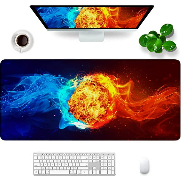 Large Gaming Mouse Pad Flame Theme XXL Mouse Pad Blue and Red 35x15.7x0.12 inch Large Mouse Pad for Desk with Personalized Design for Laptop, Computer PC (Red and Alue)