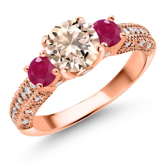 Gem Stone King 18K Rose Gold Plated Silver Peach Morganite Red Ruby and White Moissanite Engagement Ring for Women (1.93 Cttw, Gemstone October Birthstone, Round 7MM and 4MM, Size 9)