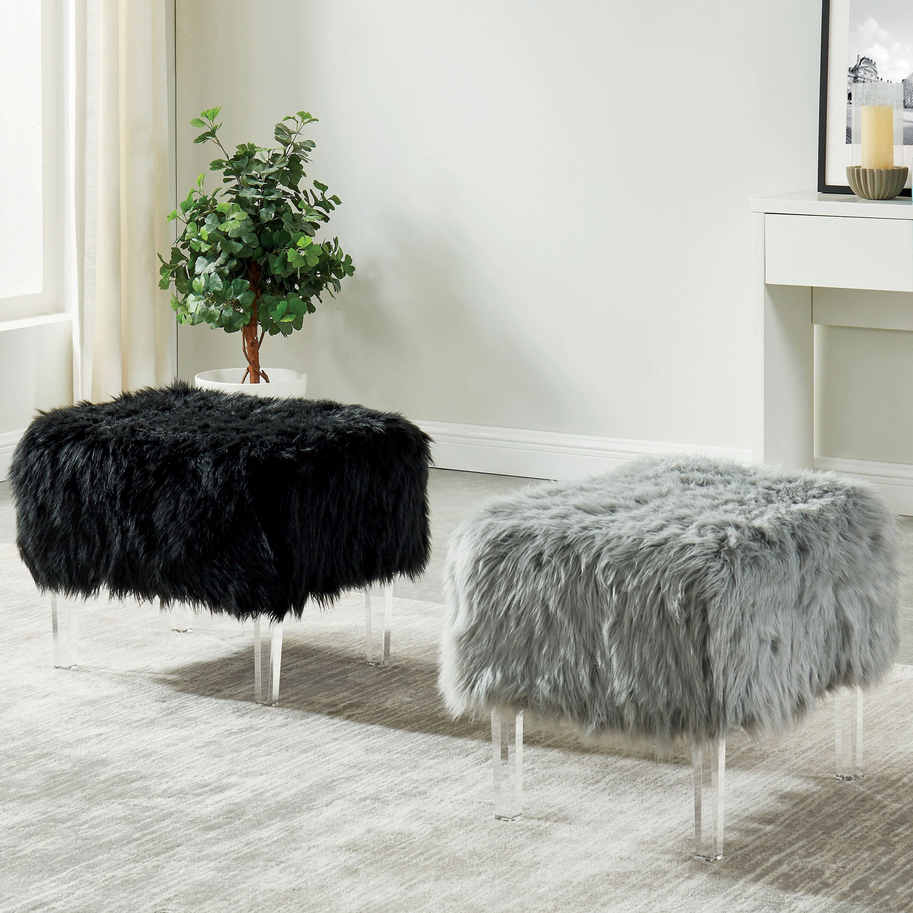 Raven I Contemporary Faux Fur Acrylic Ottoman, Gray