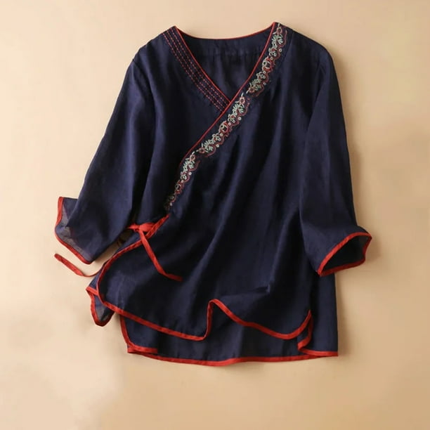 Fiudx Ofertas y Liquidaciones Top de Manga Corta con Cuello En V y Lino con Bordado Renacentista para Mujer Top de Manga Corta con Cuello En V