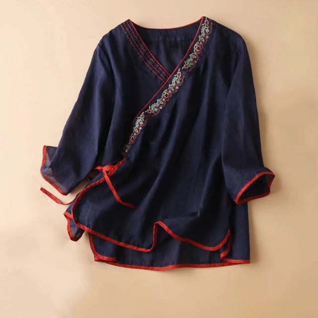Blouses pour Femmes, Haut à Manches Courtes en Coton et Lin Style Renaissance avec Broderie pour Femmes, Haut à Manches Courtes à Col en V