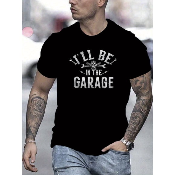 T-shirt Graphique Homme "I'll Be in the Garage" Tendance en Coton Noir