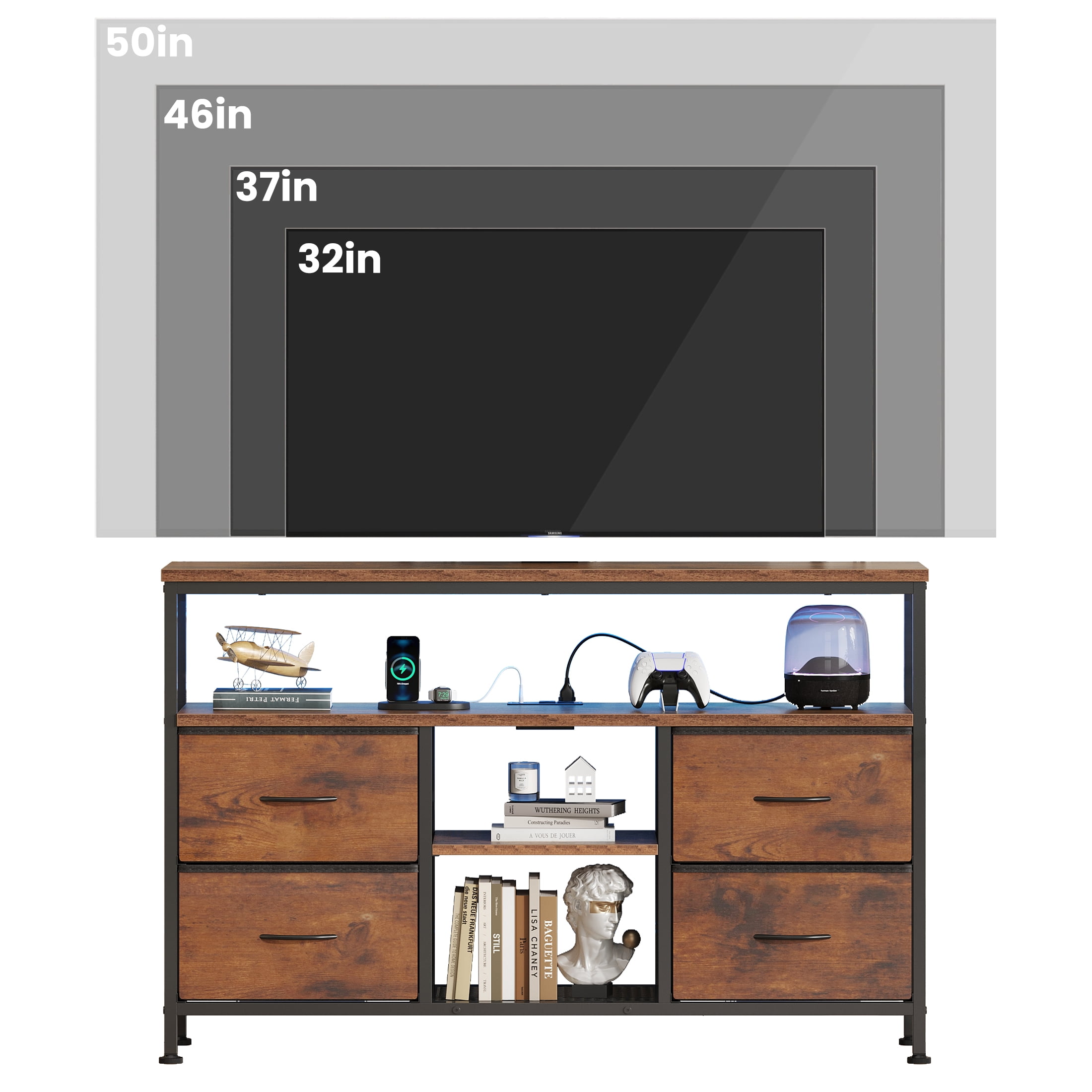 EDX TV Stand with Power Outlets and LED Light for 43-inch TV, Double-layer 4 Fabric Drawers for Living Room/Bedroom, Rust