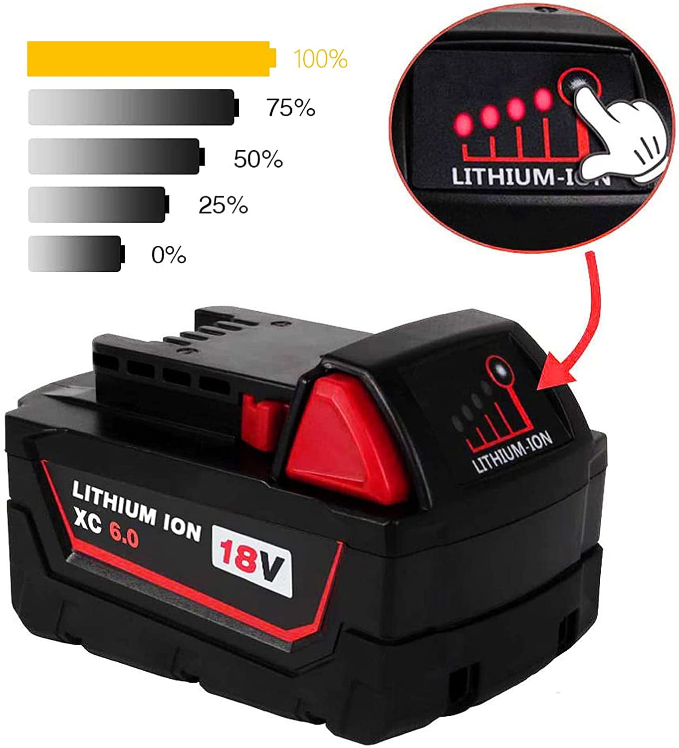 6.0Ah for Milwaukee M18 Lithium XC 6.0 18Volt Battery Pack 48-11-1852 48-11-1828 