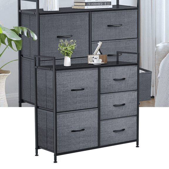 Yesker 5-Drawer Plastic Storage Tower Organizer with Fabric Bins & Sturdy Metal Frame - Compact Space-Saving Design for Bedroom, Closet, Living Room