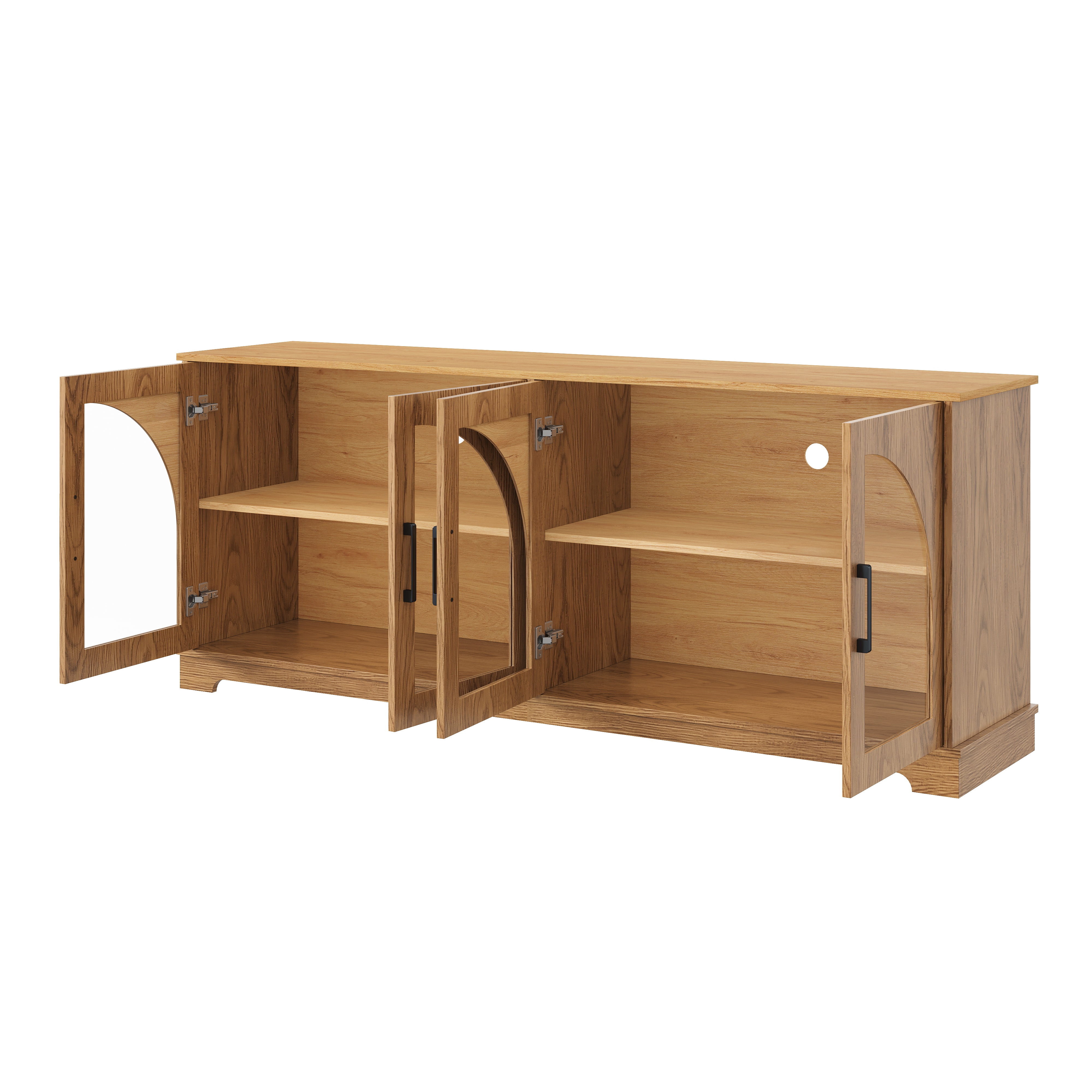 PORKISS Two-Tone TV Stand for 70", Vintage Media Console Cabinet with 4 Arched Tempered Glass Doors, Entertainment Center with Cable Management and Storage, Brown