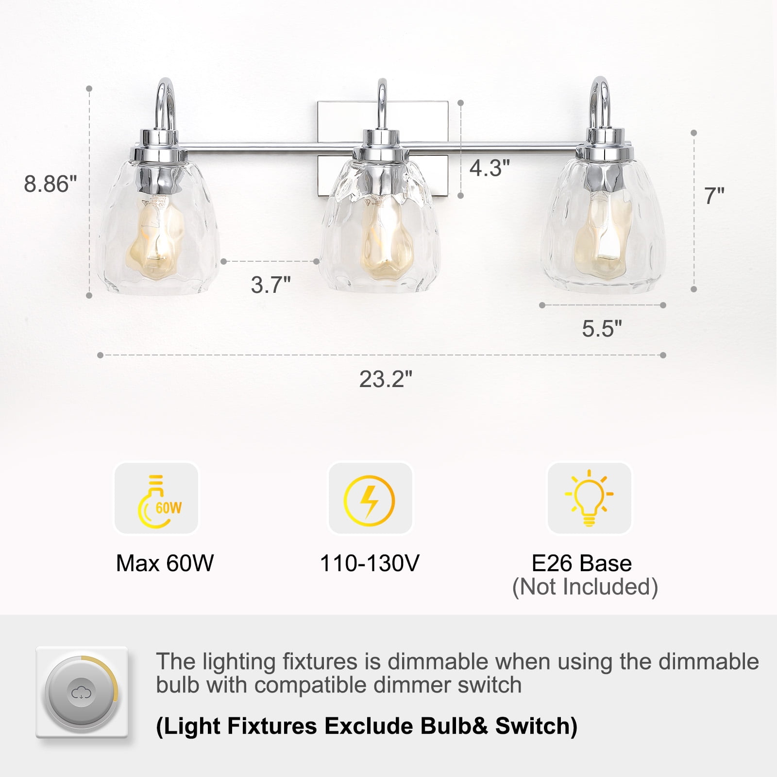 3/4/5/6 Light Bathroom Light Fixtures, Chrome Vanity Light Fixtures Over Mirror Wall Mount Lighting Fixture with Hammered Glass Shade E26 Socket for Hallway Kitchen Bedroom Living Room