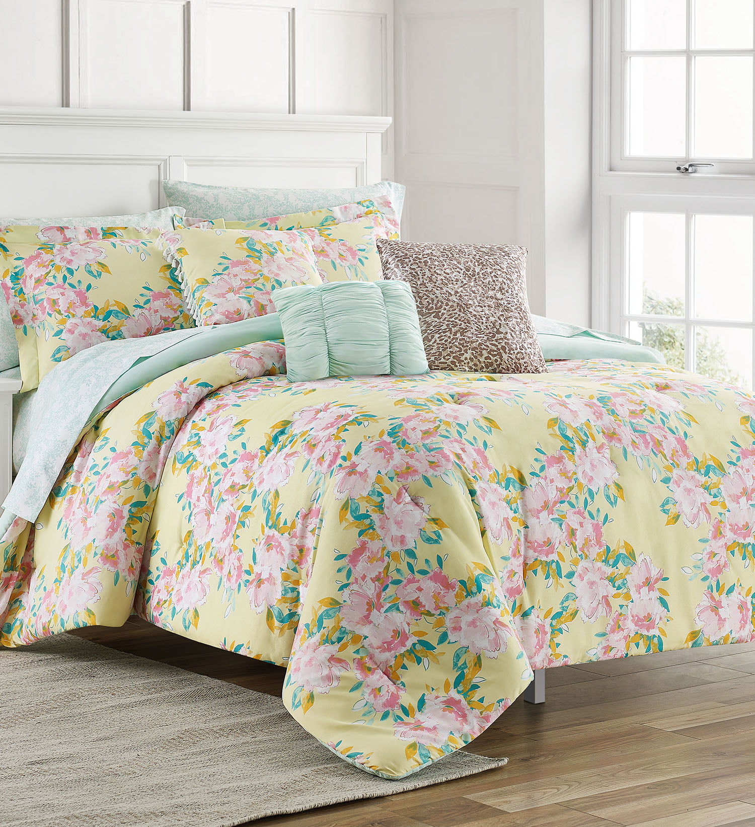 Sophia Floral Yellow/Aqua 10-Piece Comforter Set Full/Queen - Walmart