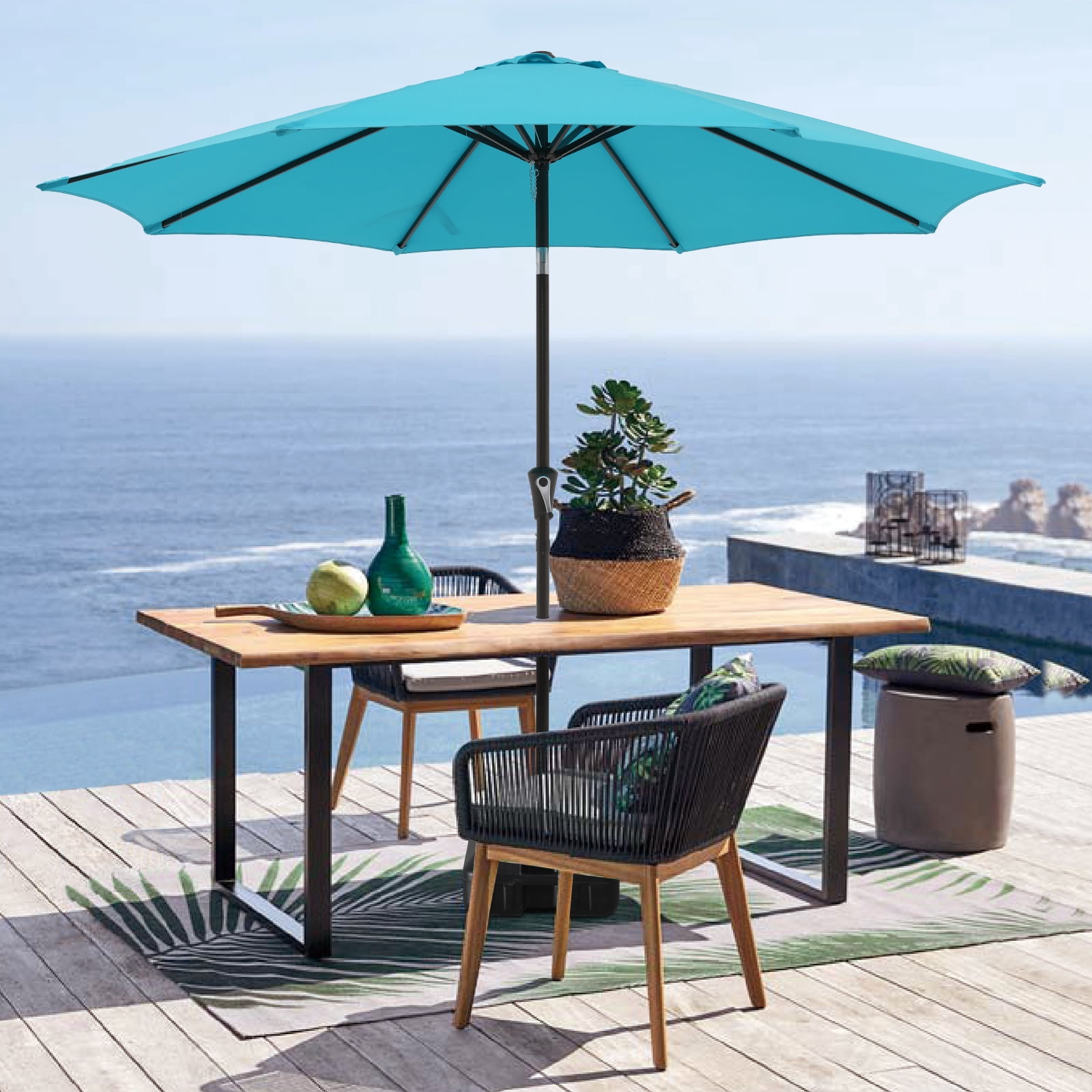 9ft Outdoor Patio Umbrella, with Push Button Tilt and Crank Sysytem, Sturdy Power Coated Frame, for Garden, Poolside, Deck and Backyard, Blue
