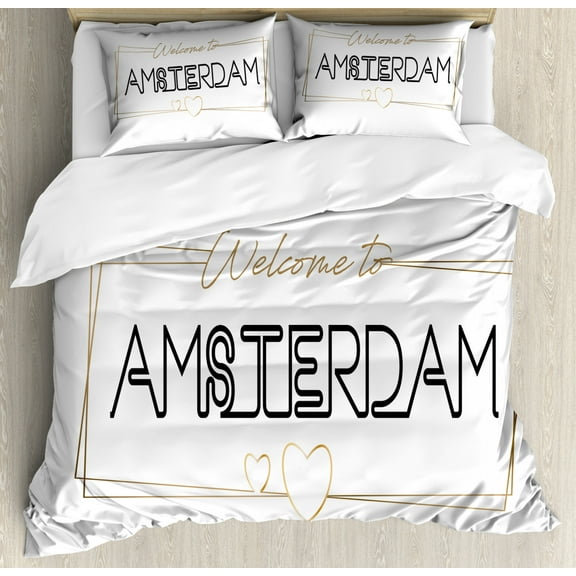Amsterdam Duvet Cover Set King Size, Welcoming Cursive Typography and Hearts on a Plain Background, Decorative 3 Piece Bedding Set with 2 Pillow Shams, White Charcoal Grey and Almond, by Ambesonne