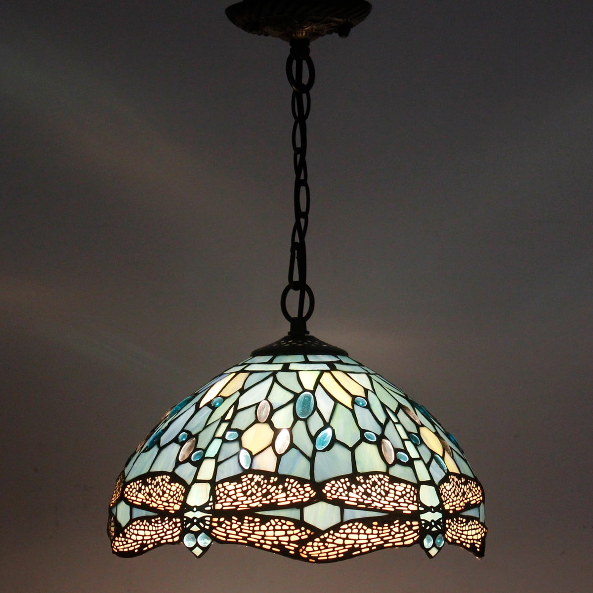 Tiffany Pendant Lighting for Kitchen Island Fixture 12" Sea Blue Stained Glass Dragonfly Farmhouse Rustic Boho Hanging Lamp Industrial LED Chandelier Fixture WERFACTORY Bar Hallway Dining Room Swag