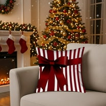Litrail Christmas Pillow Covers Set of 3, 18x18 Inch Linen Blend, Red White Stripe with Wreath Bow Flowers, Invisible Zipper Washable for Sofa Bed Holiday Decor