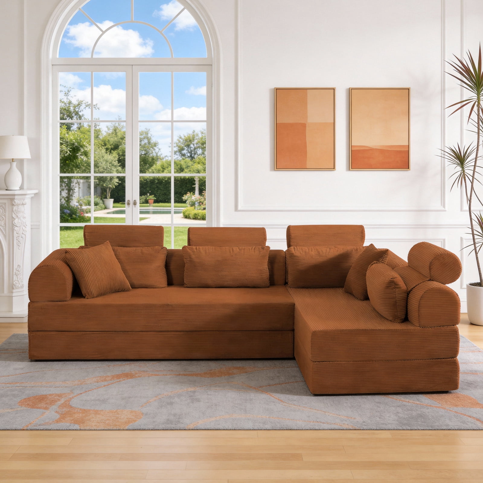 L-Shaped Sectional Sofa Converts to Bed, Corduroy Chaise Lounge with 28D High-Density Foam, No Assembly Compressed Couch for Apartments and Studios, Orange