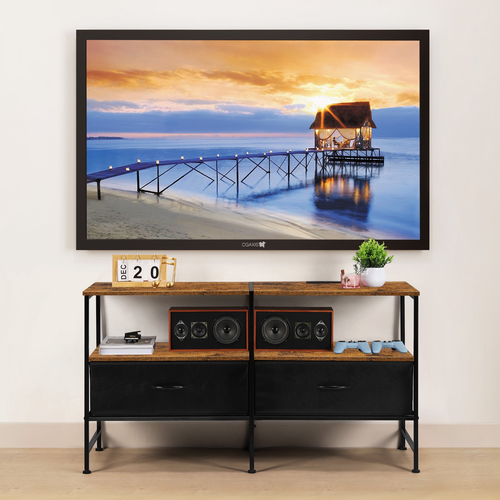 25"H Raised TV Stand Industrial TV Stand with Fabric for Living Room, Bedroom with Charging Stake Brown