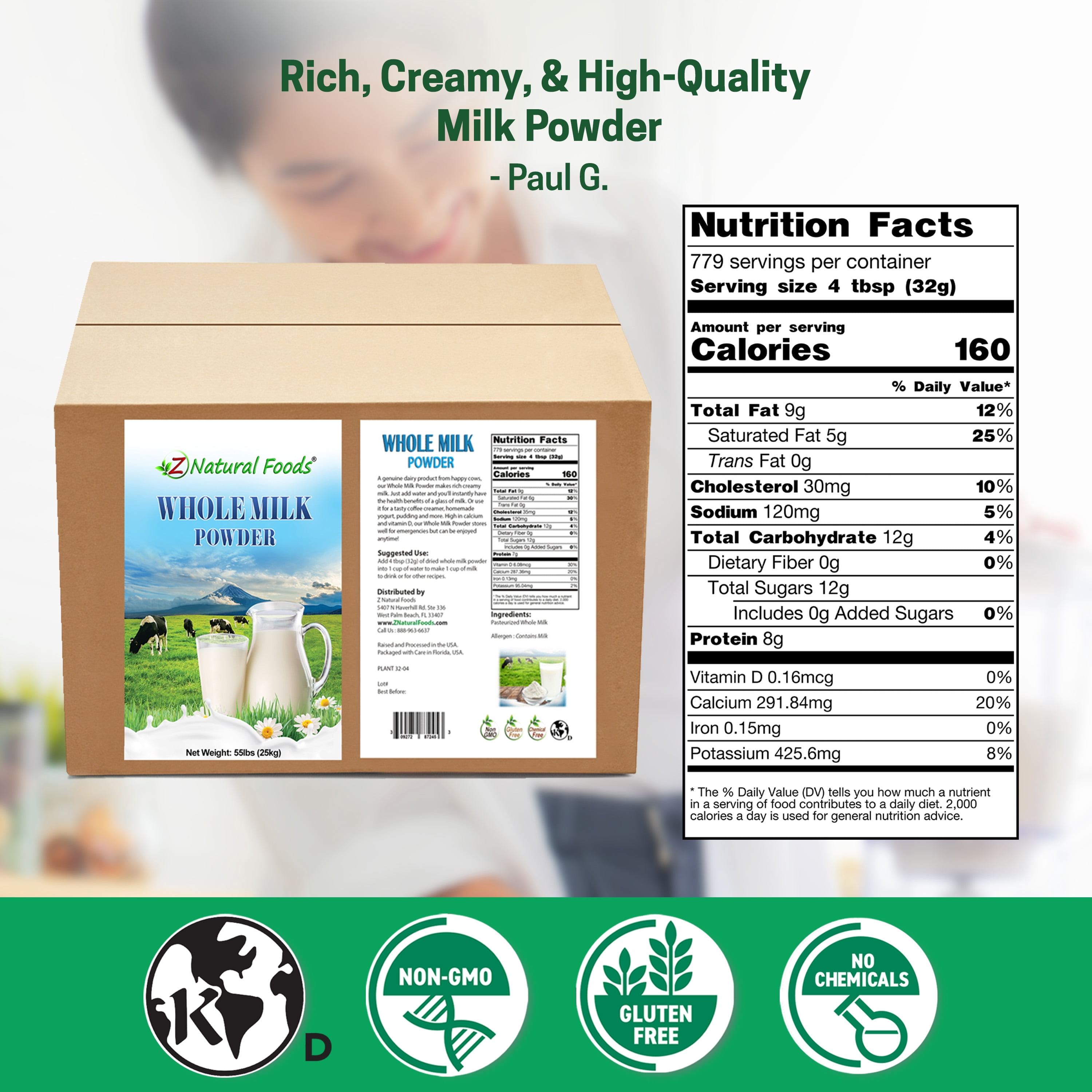 Z Natural Foods Premium Whole Milk Powder - Powdered Milk for Baking, Cooking, Drinks - Dry Milk Powder, Pasteurized, Non-GMO, Gluten-Free, Kosher-Certified, 55 lbs