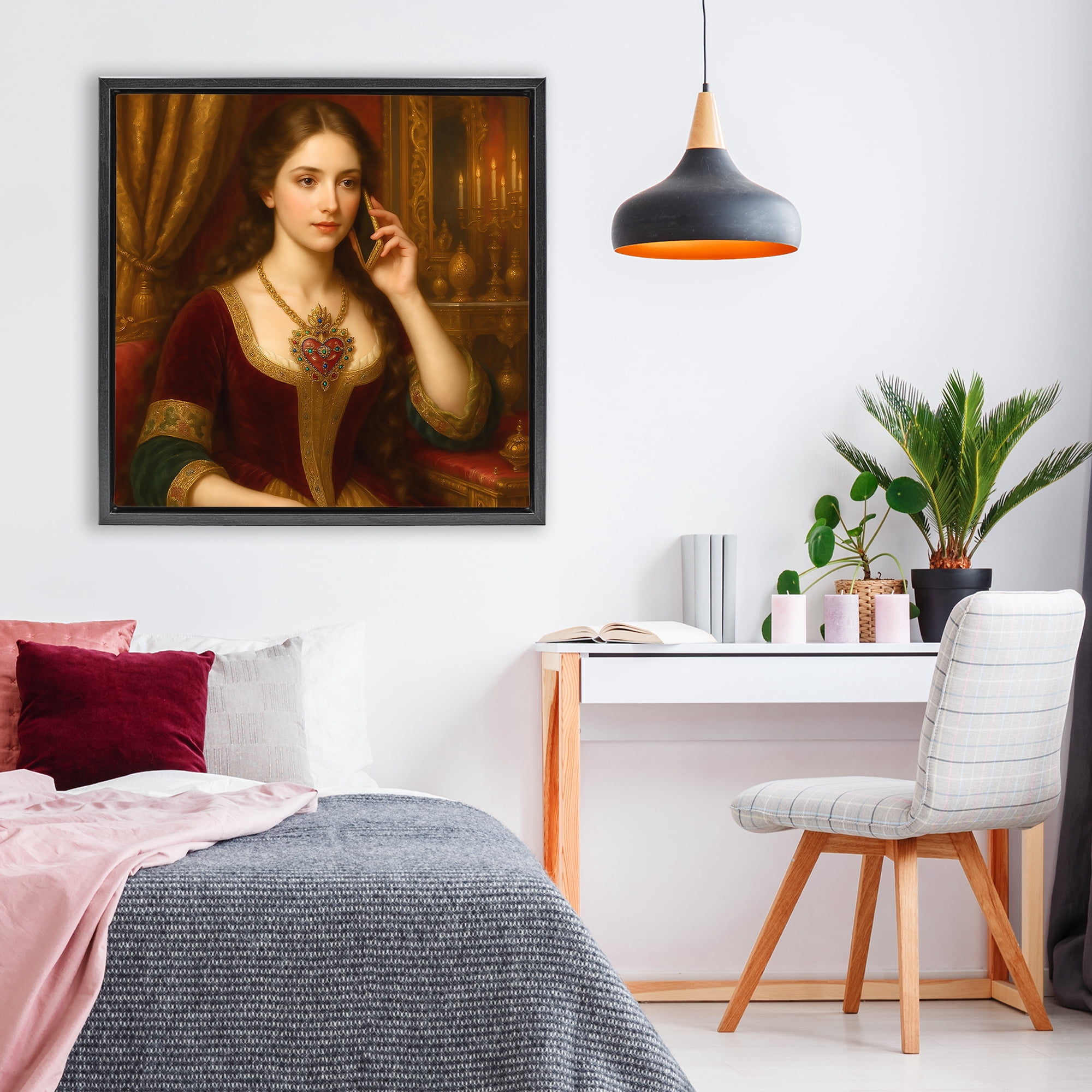 Stupell Industries Rococo Woman with Cell Phone Black Framed Floater Canvas Wall Art, design by Grotto Studios