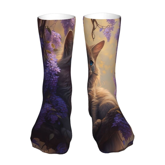 Goofa Purple Flower Lazy Cat for 16in Socks, Funny Novelty Crazy Design Cotton Socks Sports Socks Knee High Socks For Men, Women,1Pairs - Gift For Working Friends