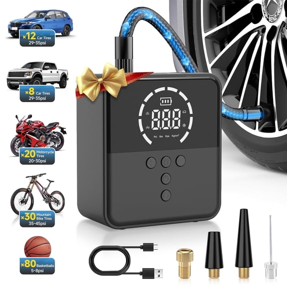 FadaKwalt Tire Inflator Portable Air Compressor, 150PSI Cordless Air Pump with 6000mAh Battery, 3X Fast Inflation, Digital Pressure Gauge, Auto Shut-Off, LED Light for Car Tires, Bike, Motorcycle & B