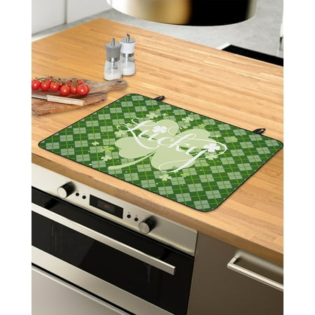 

St. Patrick s Day Stove Top Covers for Electric Stove Heat Insulation Fireproof Glass Cooktop Cover Counter Top Glass Stove Cover for Prevent Scratches 31 x24 Green Geometric Plaid Lucky Clover